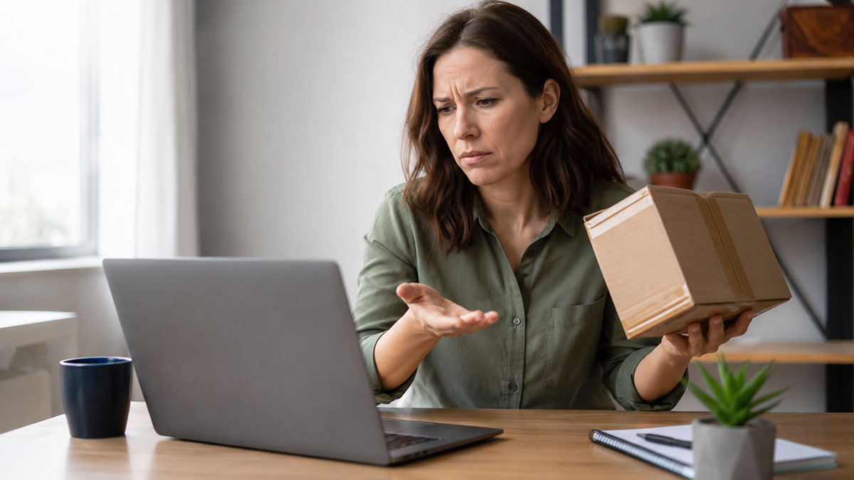 Persona davanti al computer con un pacco in mano e sguardo insoddisfatto, immagine illustrativa sul diritto di recesso negli e-commerce